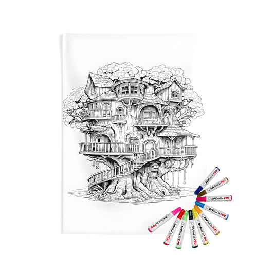 Indoor wall tapestry art featuring detailed black and white illustration of enchanting treehouses, staircases, windows, and whimsical architectural elements.