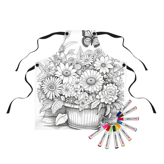 Coloring kit apron with a beautiful flower arrangement and a delicate butterfly hovering above