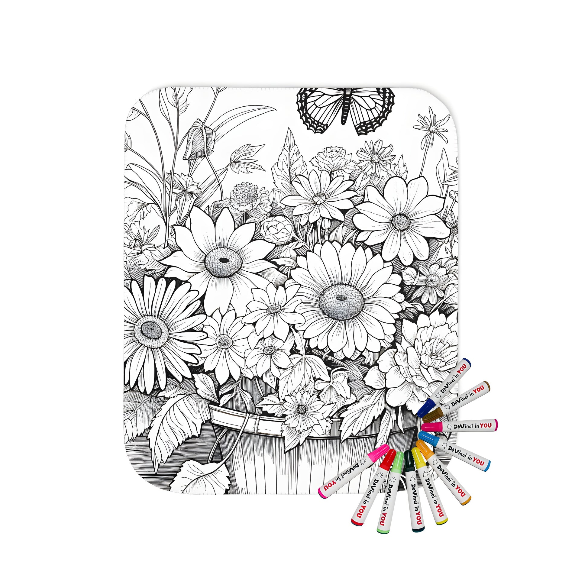 Colorful blanket featuring a detailed line art illustration of flowers and butterflies, perfect for adult coloring.