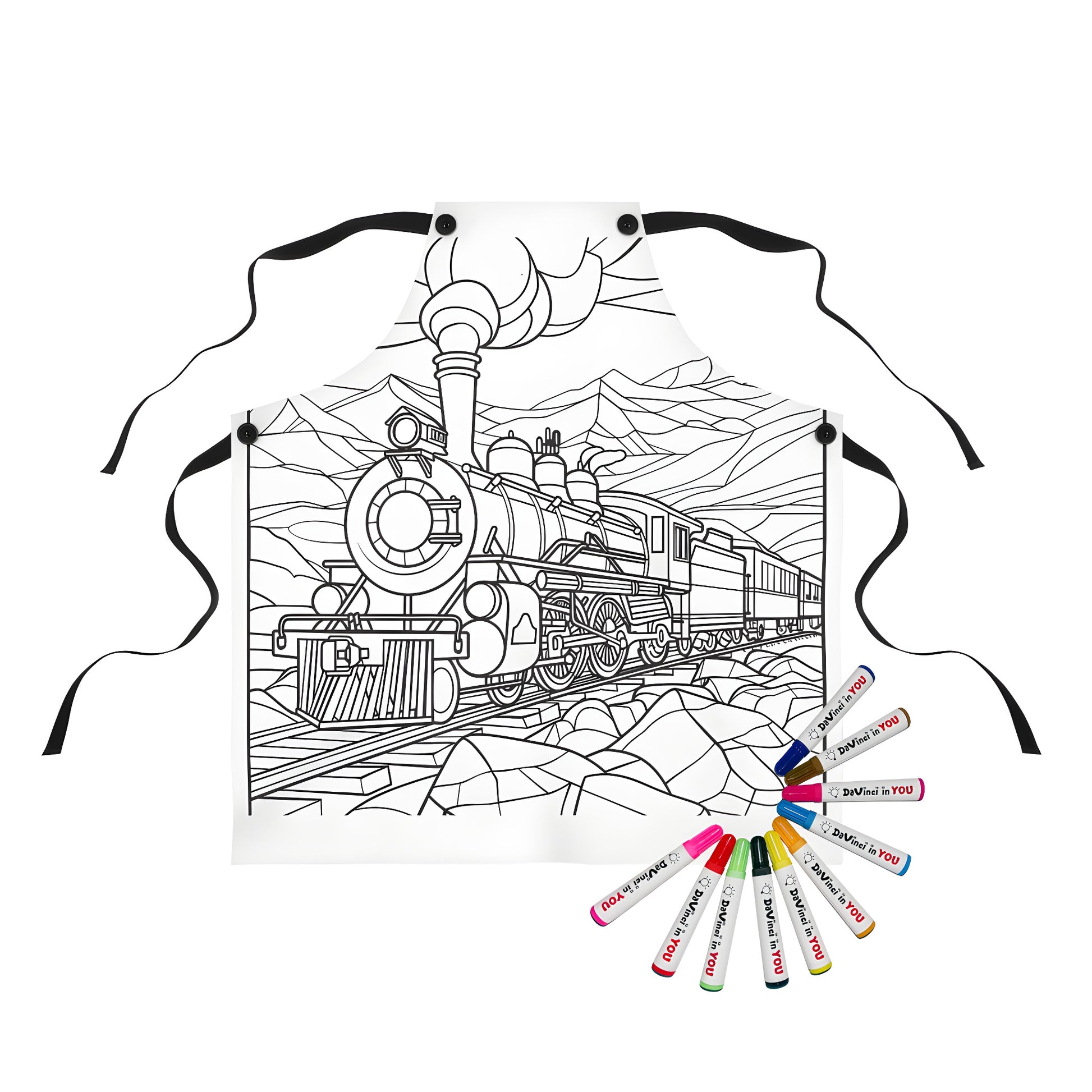 Colouring apron with detailed locomotive and mountains