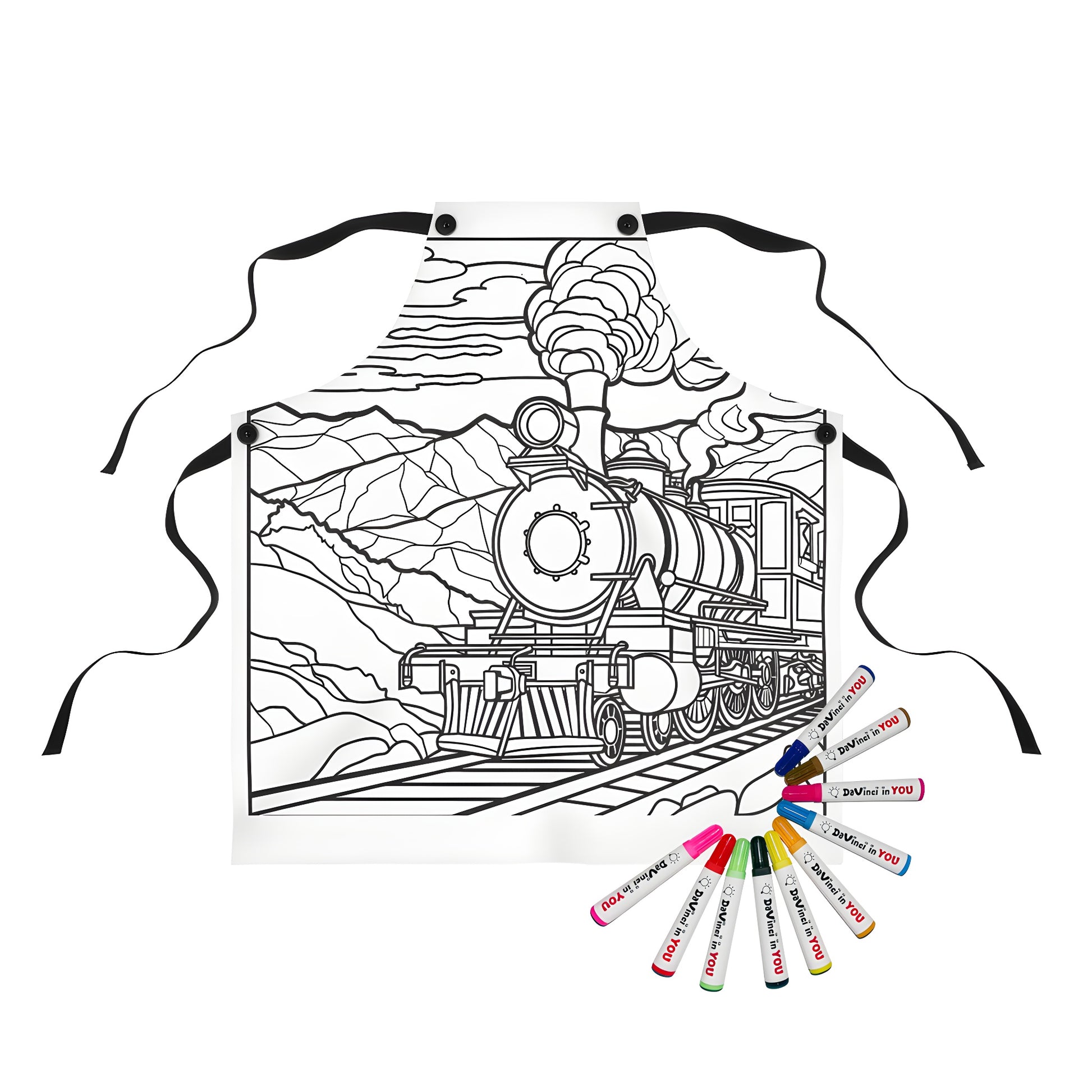 Apron featuring a coloring page-inspired design of a locomotive traveling on tracks amidst mountains and clouds