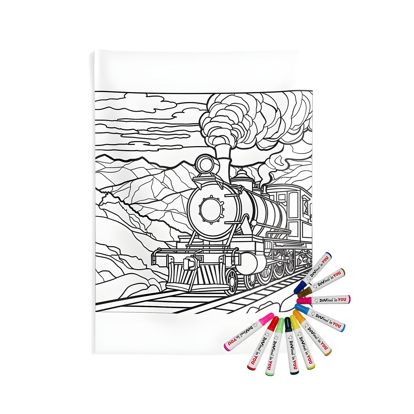 A beautiful Indoor Wall Tapestries featuring a black and white coloring page of a locomotive train chugging along railroad tracks in the mountains with fluffy clouds above.