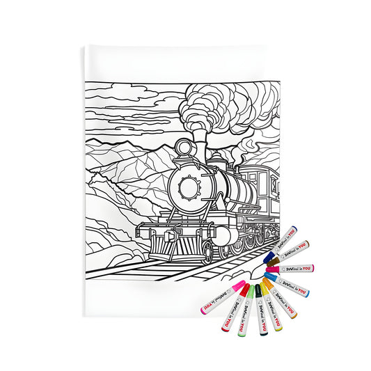 A beautiful Indoor Wall Tapestries featuring a black and white coloring page of a locomotive train chugging along railroad tracks in the mountains with fluffy clouds above.