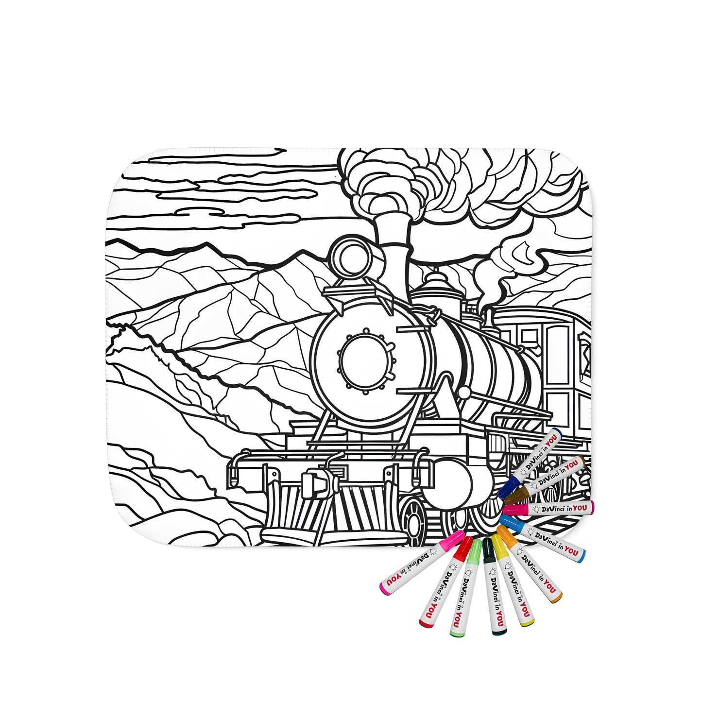 Coloring kit blanket with locomotive railroad engine train design