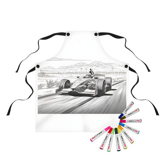 Aprons with Formula 1 racing car designs, desert landscape drawings, and mountain backgrounds for a unique coloring kit