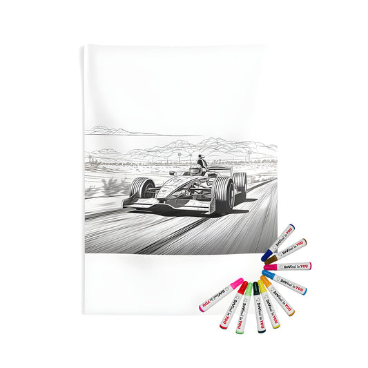 Formula 1 car, racing scene, desert landscape, mountains, coloring page art, indoor wall tapestry