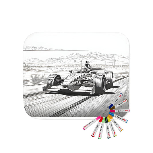 Blanket featuring a detailed black and white drawing of a formula one car racing through a desert landscape with mountains in the background, created with fabric markers for a unique coloring experience