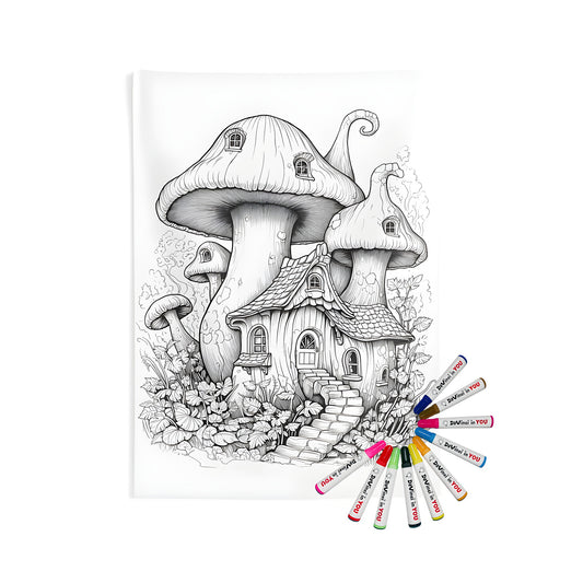 Indoor wall tapestry with whimsical mushroom house design featuring stairs, windows, and lush greenery for a unique home decor item. Alternative keywords: fairy house, toadstool house, fungi abode, woodland house.