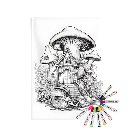 Fantasy mushroom dwelling wall tapestry for home decor, featuring whimsical black and white illustration of a fantasy house with ornate stairs and nature elements