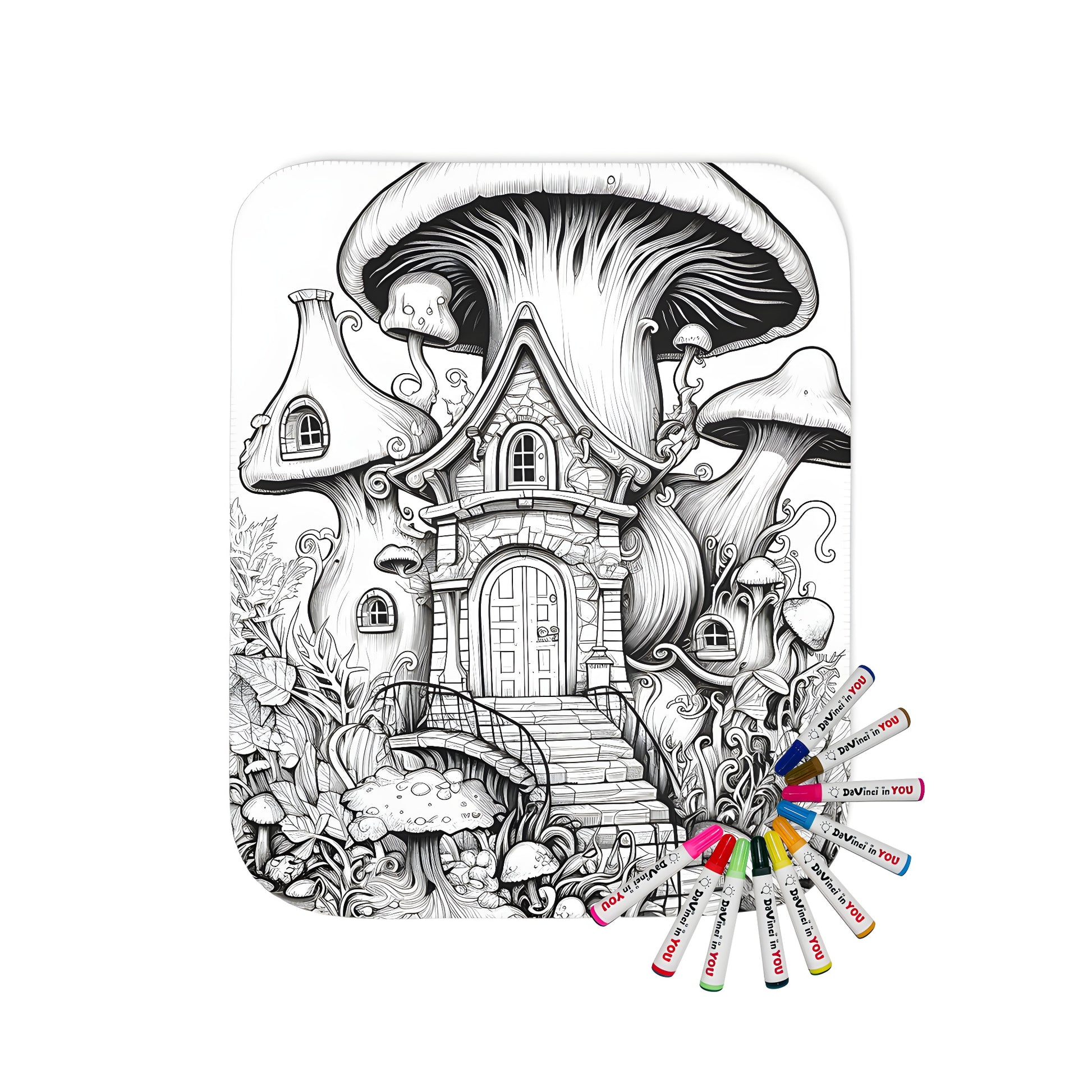 Whimsical blanket with fantasy fungus house illustration featuring intricate details