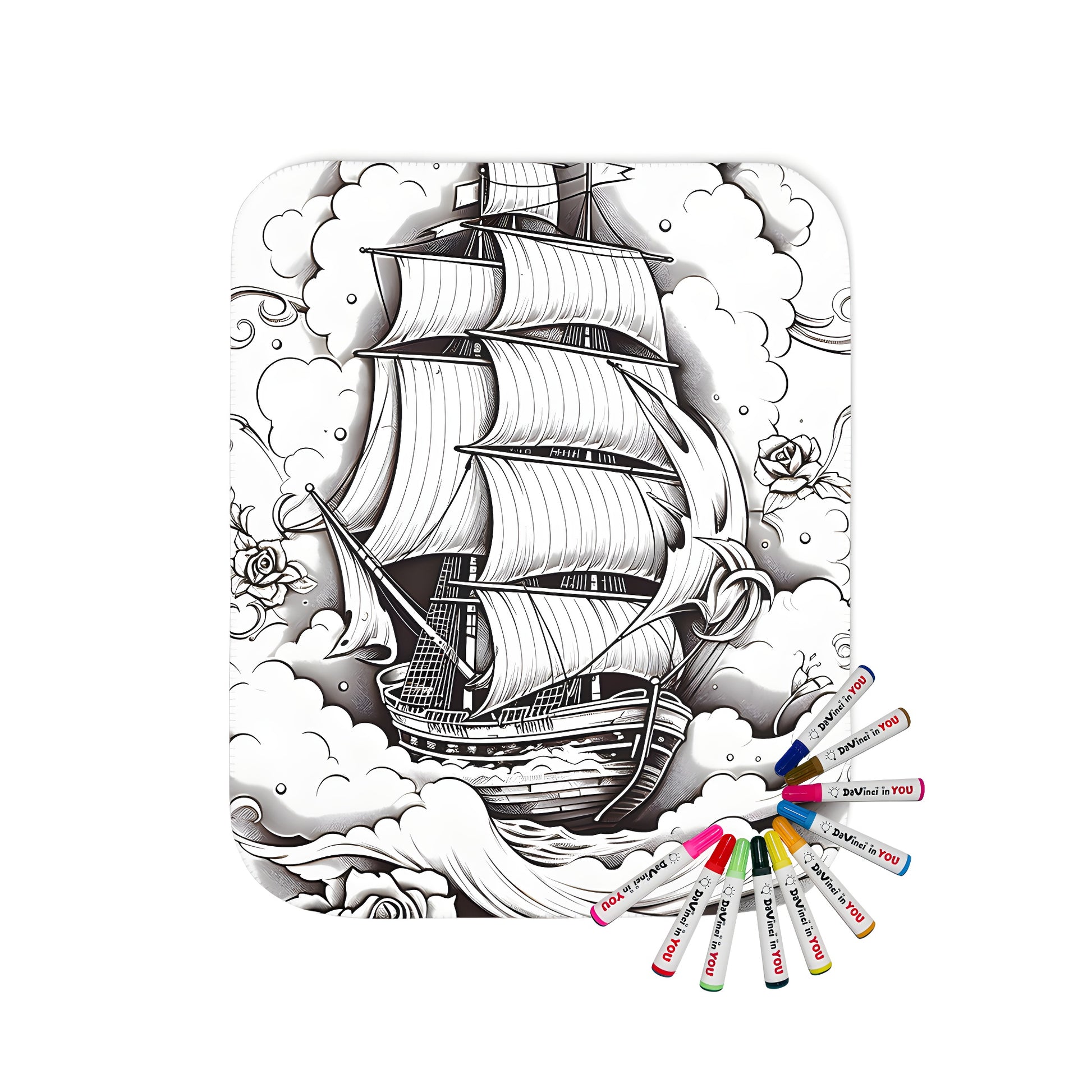 Blanket with vintage nautical sailing ship design, featuring a detailed illustration of a vessel at sea with clouds and roses