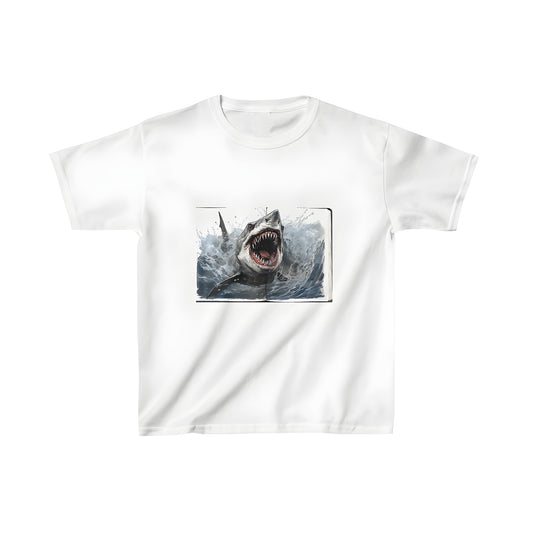 Kid's T-shirt with a vibrant watercolor painting of a shark bursting out of the ocean