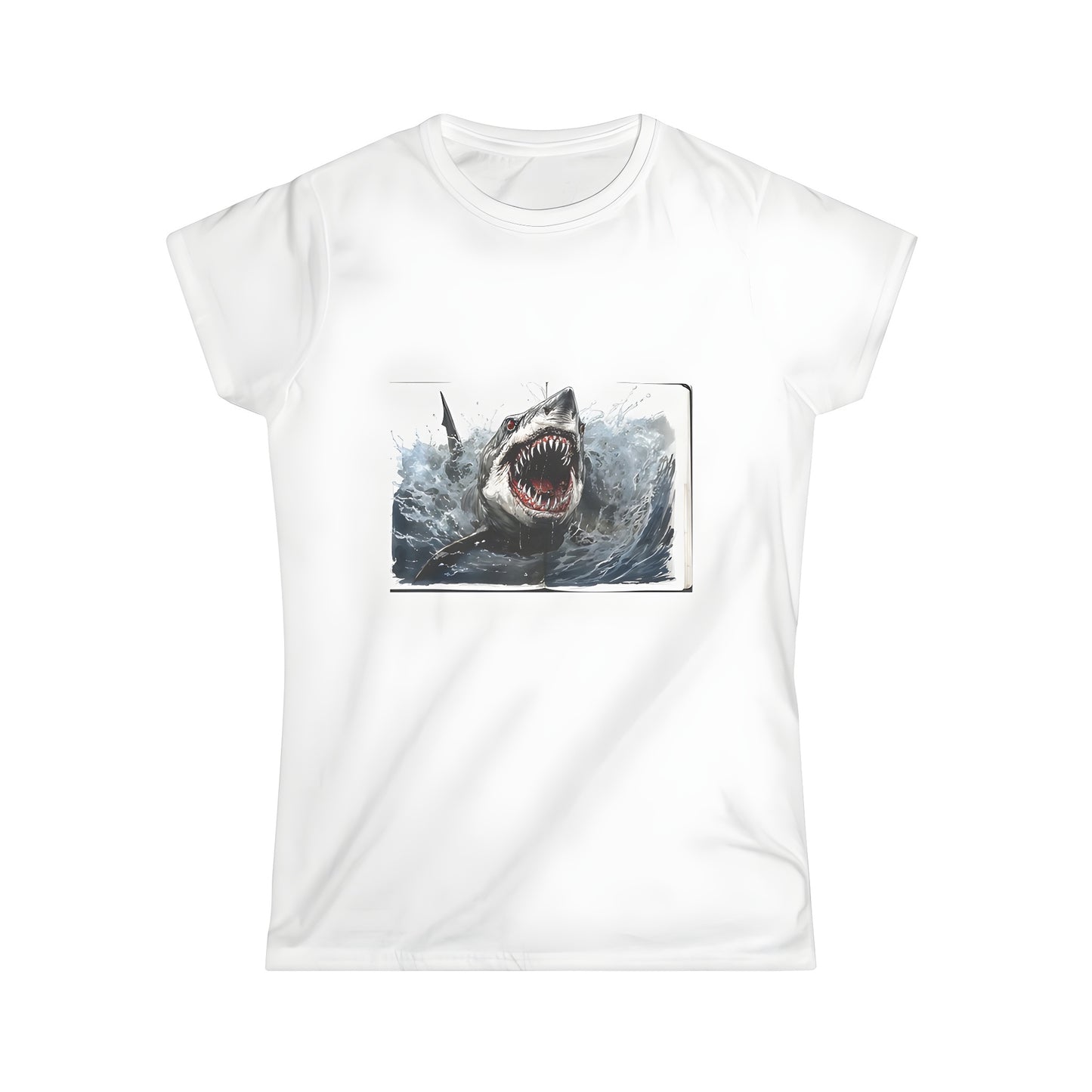 Women's T-shirt with a colorful shark attack watercolor painting design