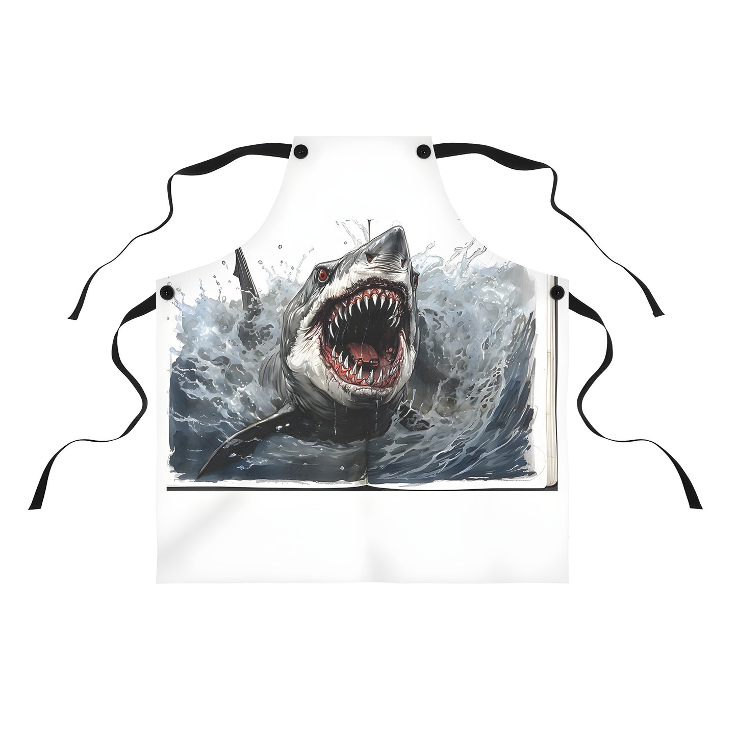 Colorful watercolor painting apron of a fierce shark emerging from the ocean, sharp teeth and intense aggression design