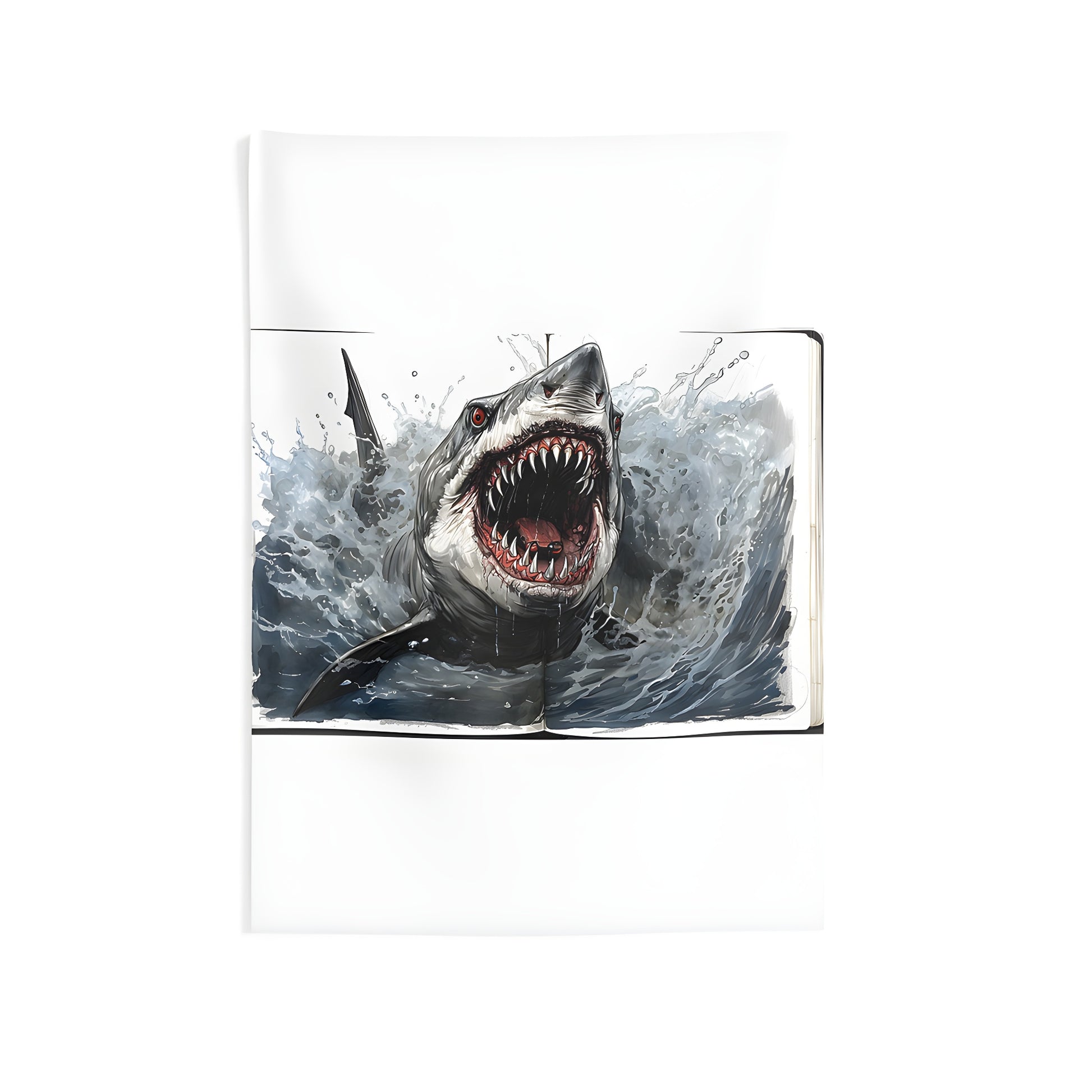 Indoor wall tapestries featuring a colorful watercolor painting of a shark attacking, emerging from the ocean with sharp teeth and intense aggression, perfect home decor