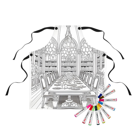 Apron with colorful dining hall design featuring intricate details of tables, chairs, chandeliers, bookshelves, and decorations