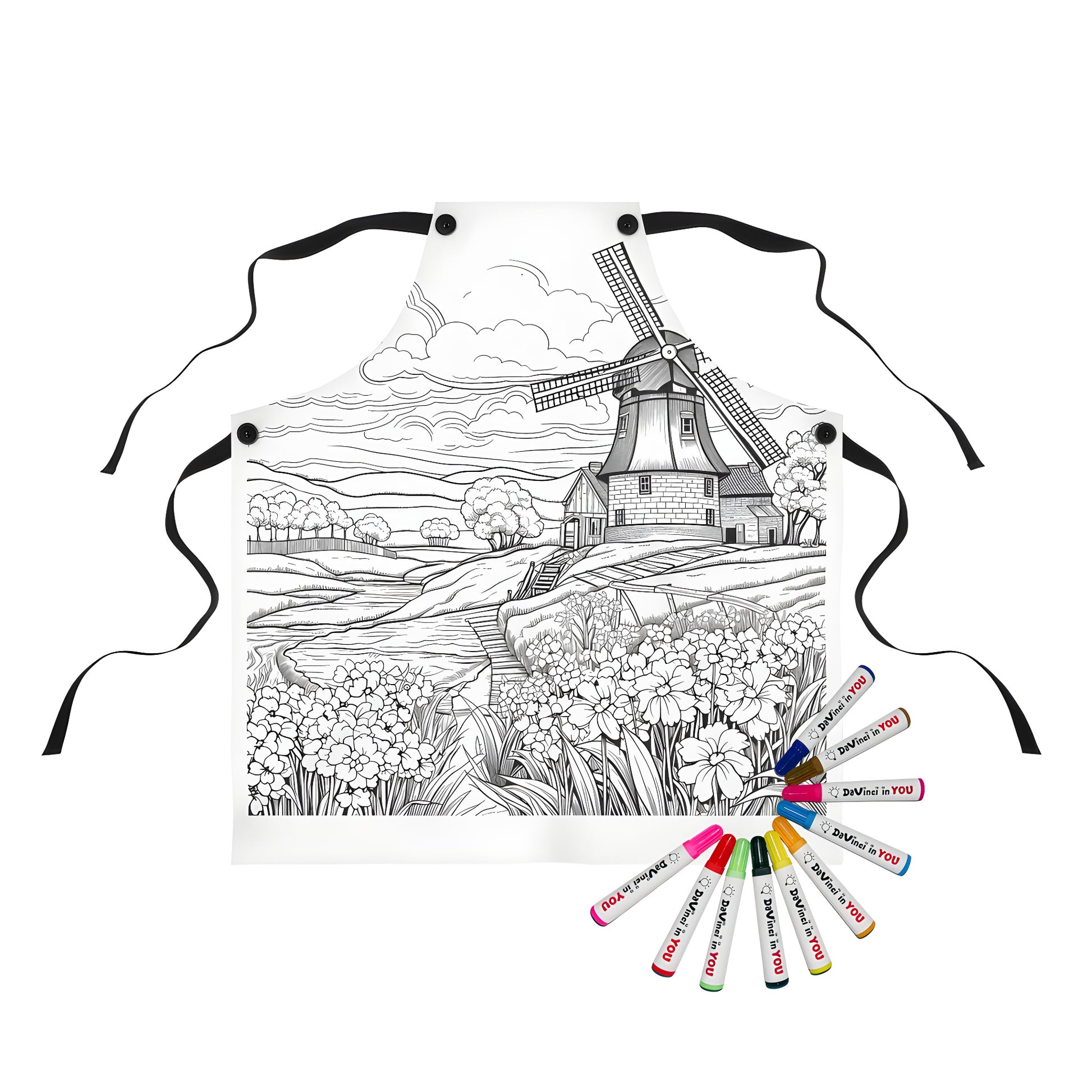 Detailed countryside scene apron with windmill and flowers