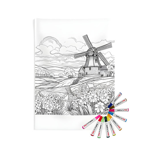 Indoor wall tapestries featuring a detailed countryside scene with windmill, flowers, trees, barn, and stream