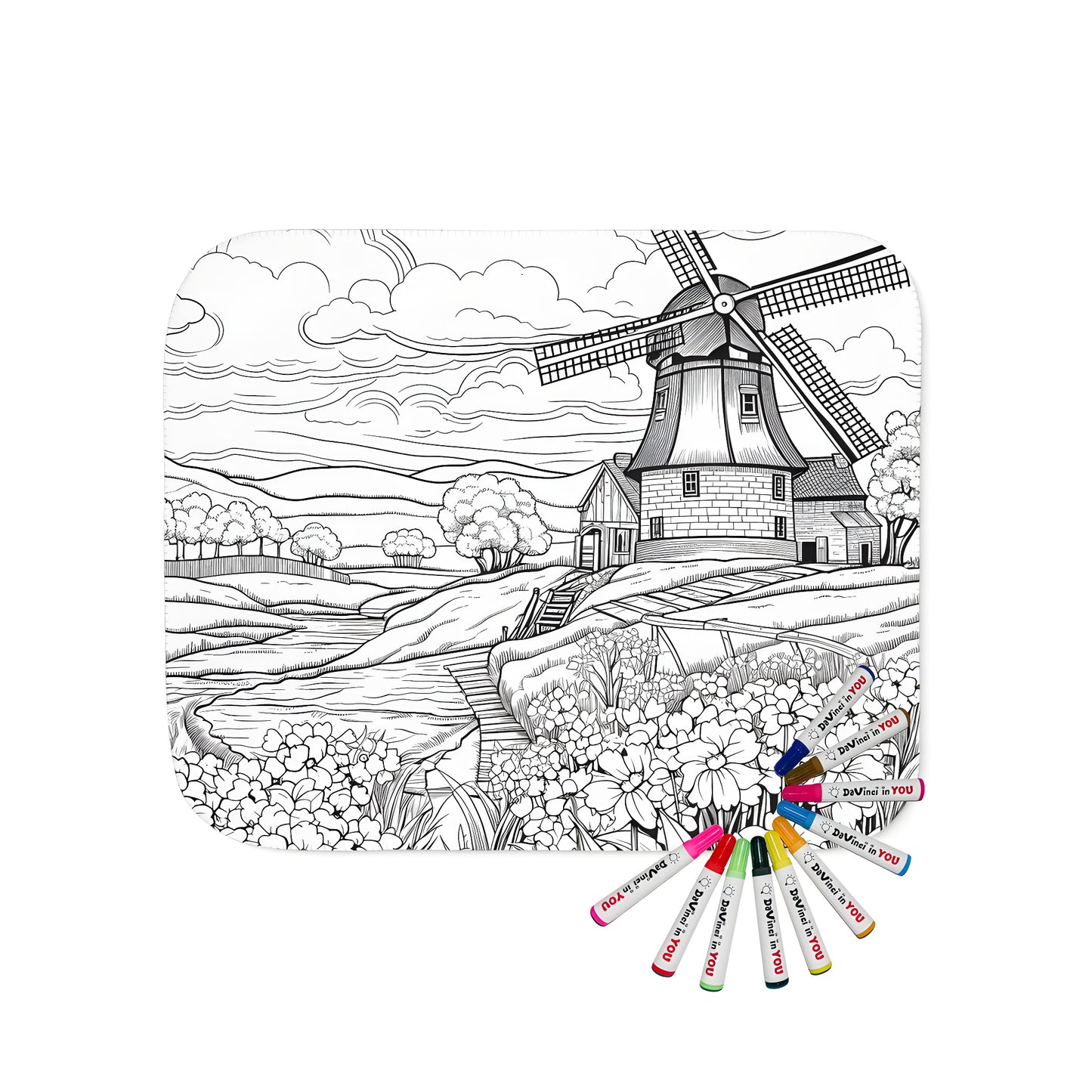 Colorful blanket featuring an idyllic countryside scene with a windmill, flowers, trees, barn, and stream. Perfect for adult coloring book fans.