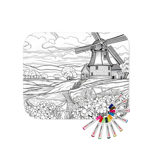 Colorful blanket featuring an idyllic countryside scene with a windmill, flowers, trees, barn, and stream. Perfect for adult coloring book fans.