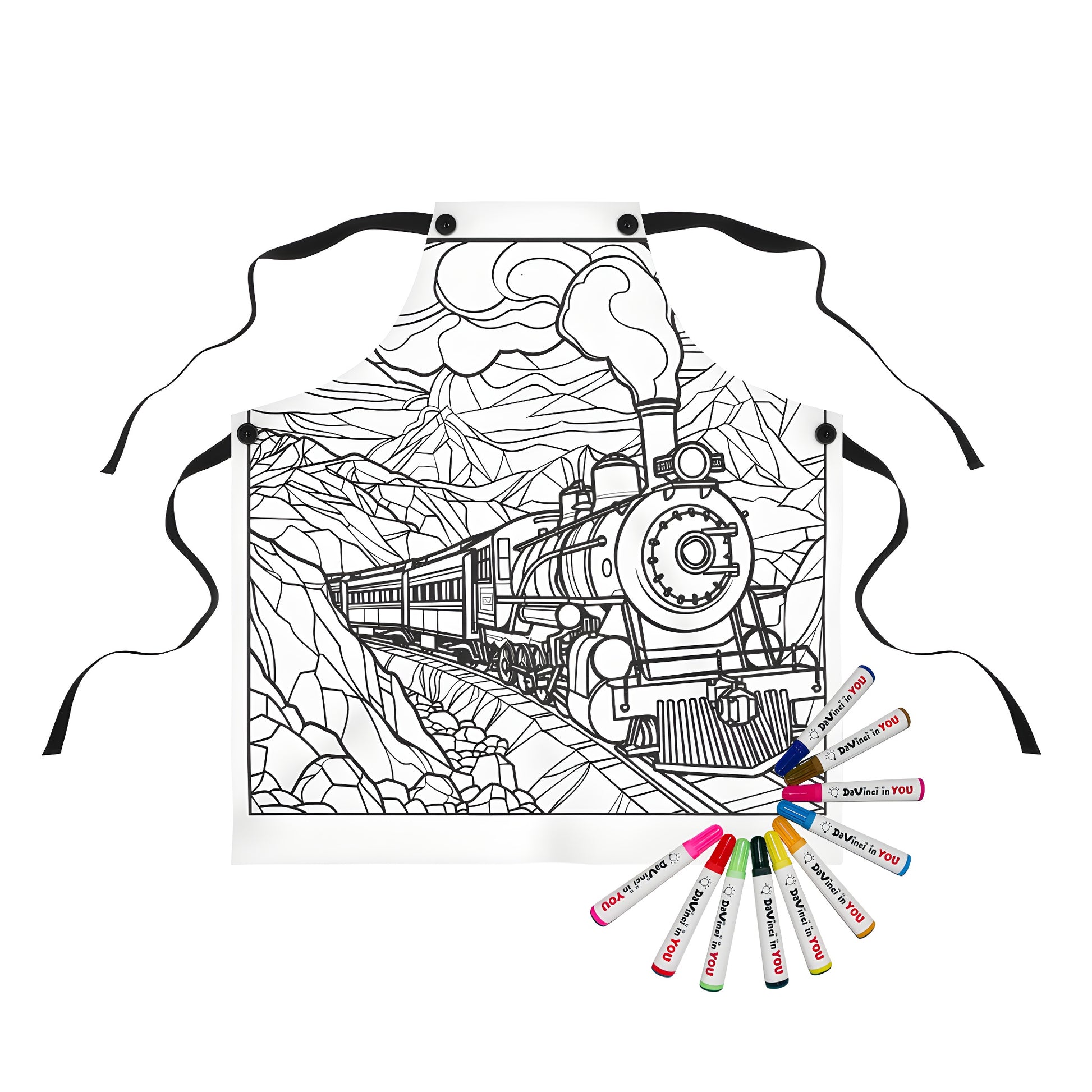 Apron featuring a detailed line drawing of a locomotive chugging through mountains, vintage train print