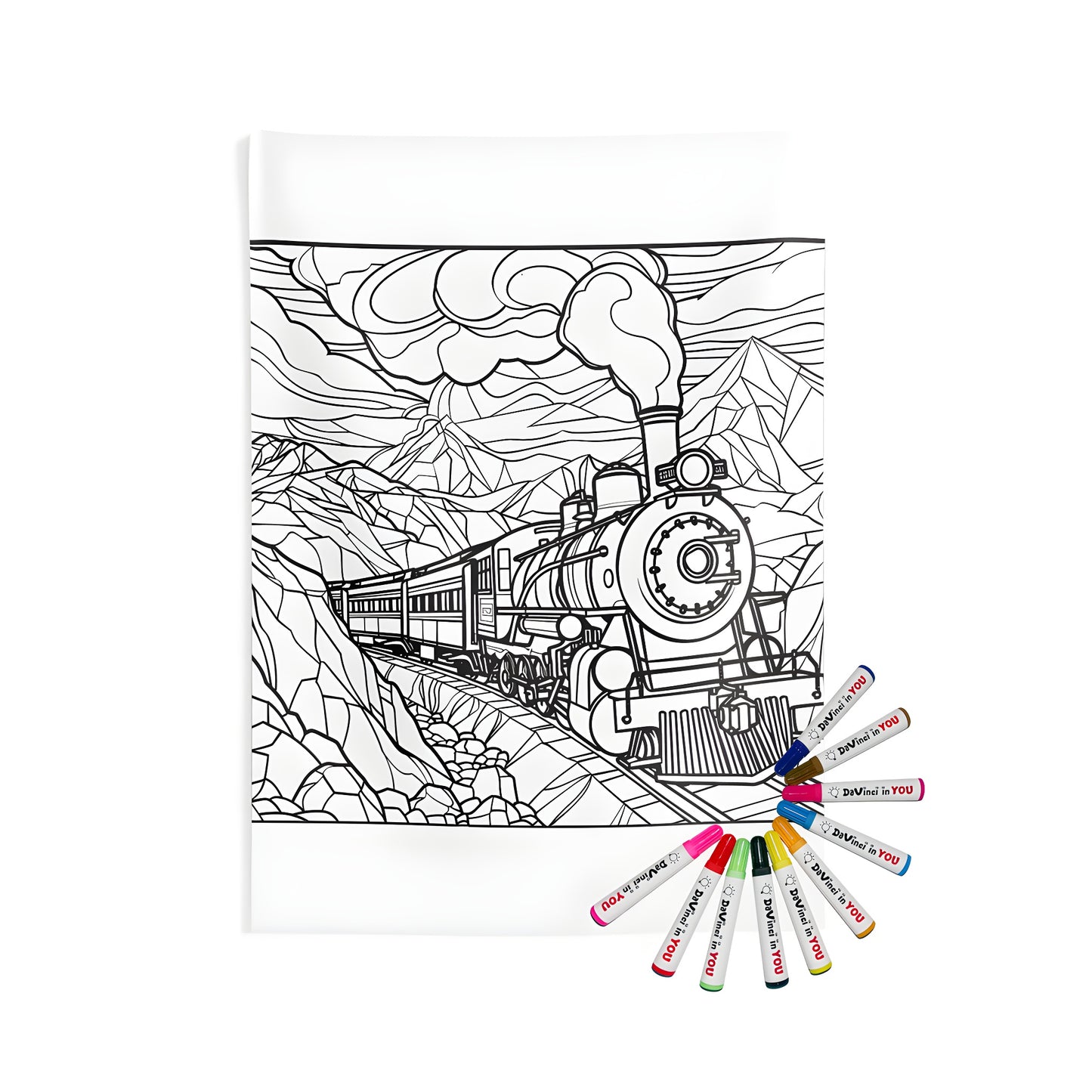 Detailed line drawing of a locomotive chugging through a rugged mountainous landscape with billowing smoke and intricate surroundings printed on a vibrant Indoor Wall Tapestries