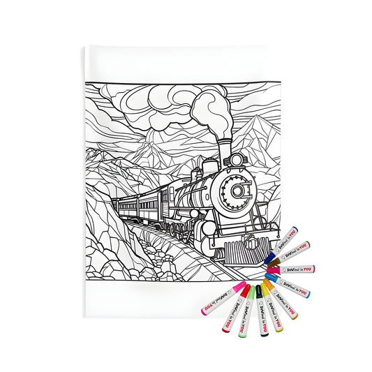 Detailed line drawing of a locomotive chugging through a rugged mountainous landscape with billowing smoke and intricate surroundings printed on a vibrant Indoor Wall Tapestries