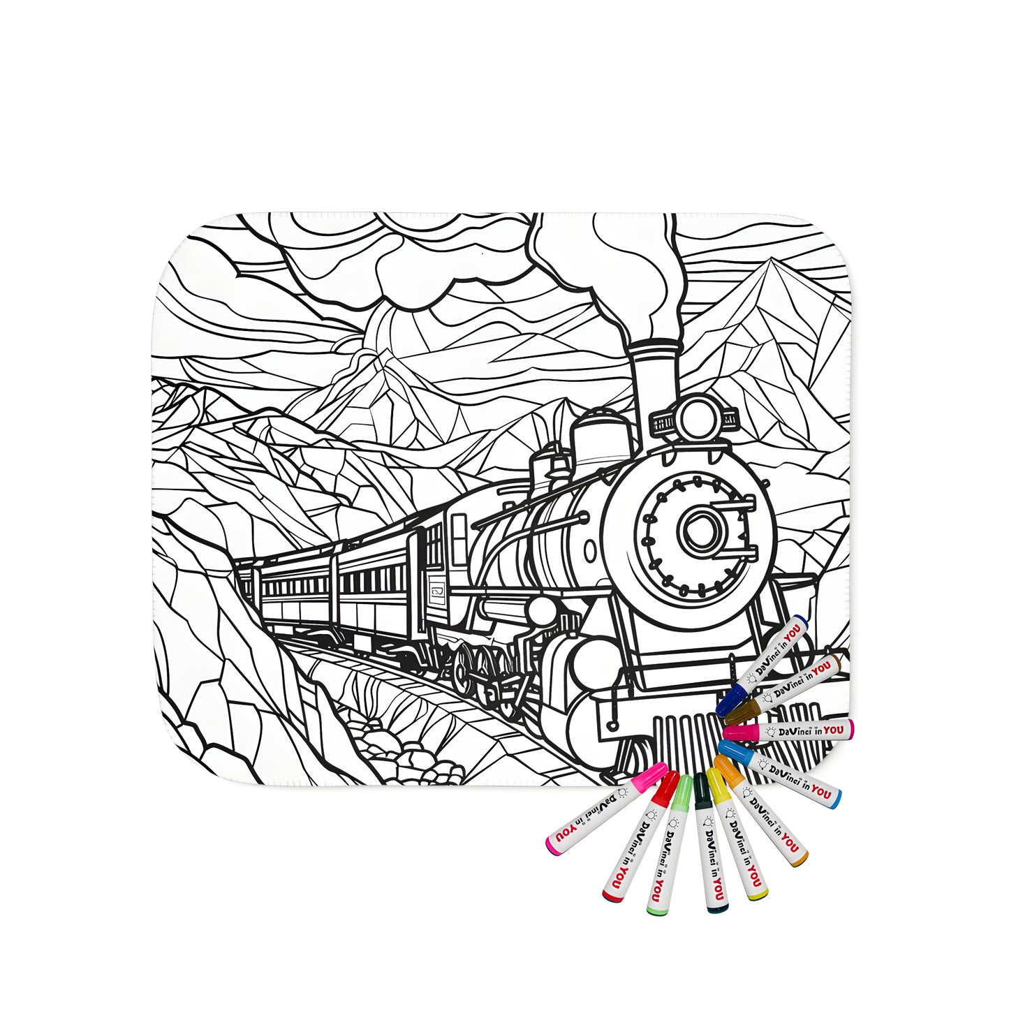 Blanket with a vintage locomotive design, detailed line drawing of a train chugging through mountains, billowing smoke and scenic landscape