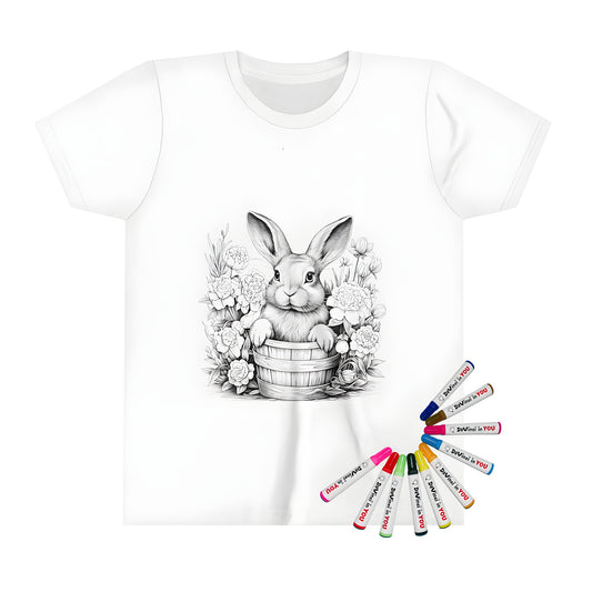 Colorful kid's t-shirt featuring an adorable bunny illustration in a bucket surrounded by blooming flowers