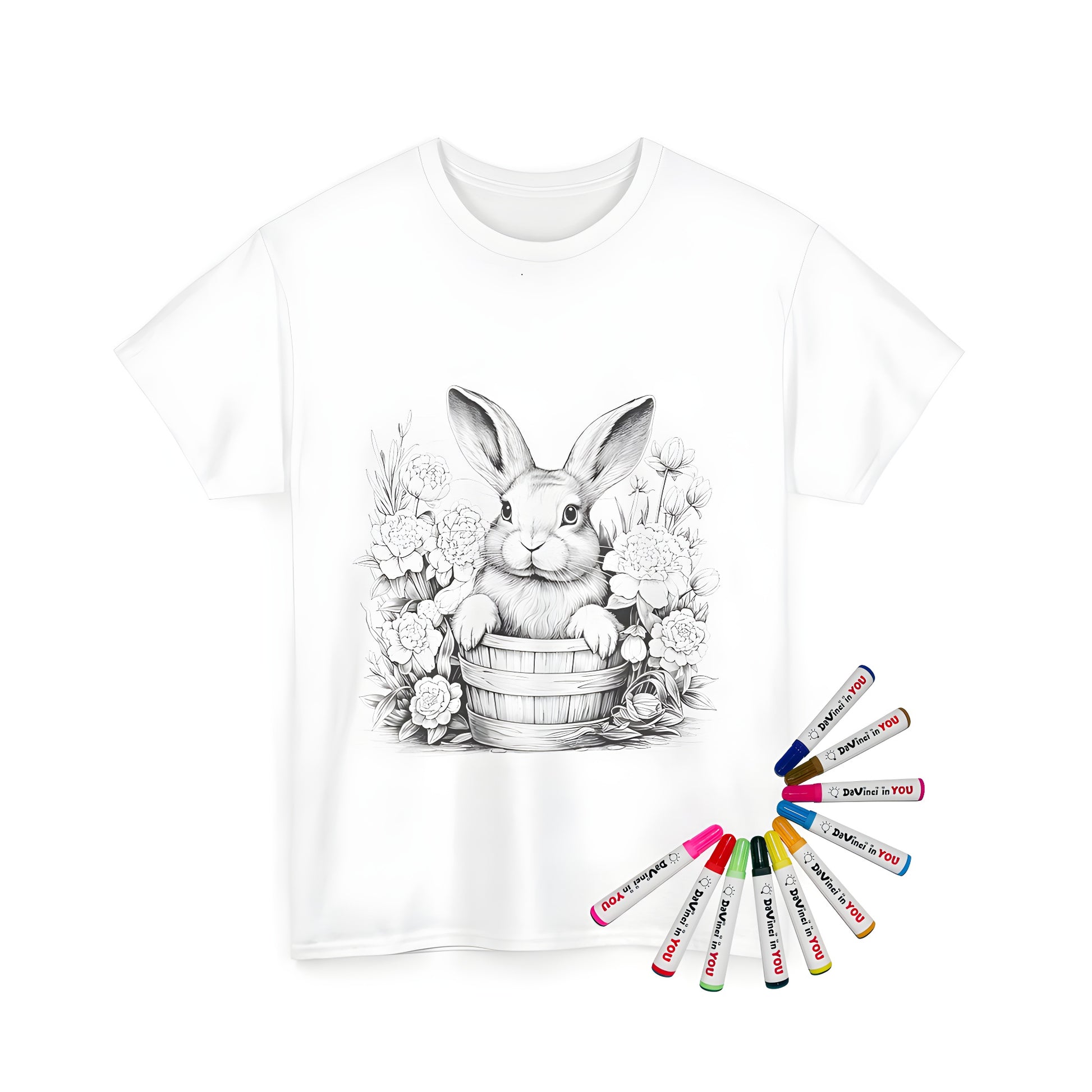 Coloring kit accessories with 10 fabric markers on a unisex t-shirt featuring cute bunny illustration in flower bucket