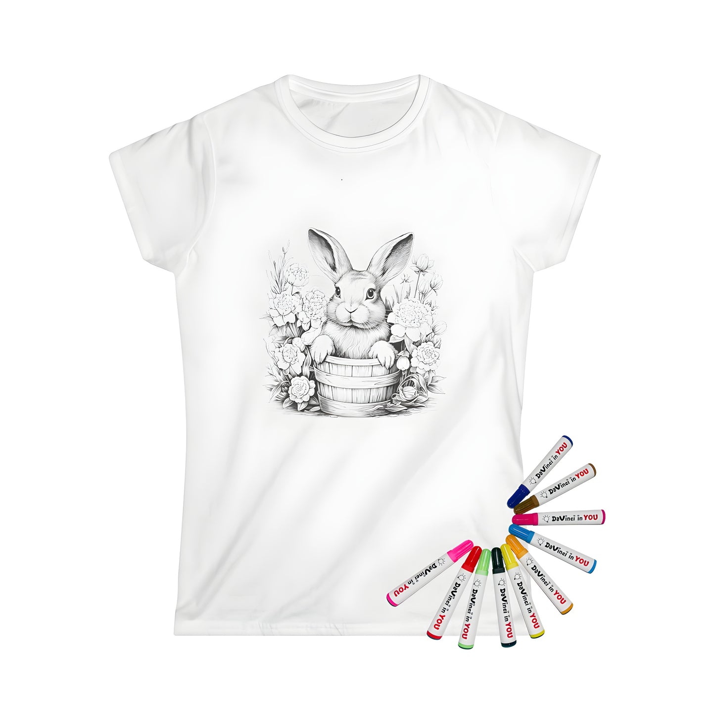 Women's t-shirt featuring a colorful bunny in a bucket surrounded by flowers, perfect for spring and Easter celebrations