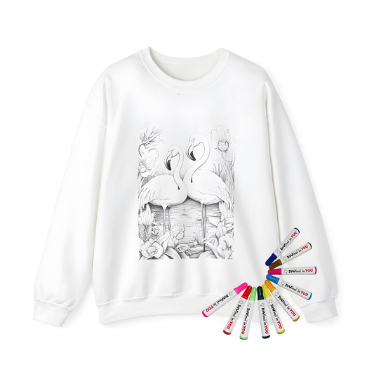 Adult sweatshirt featuring vibrant flamingo, pink flamingo, bird, and floral coloring page art, perfect for adult coloring enthusiasts