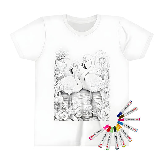 Coloring kit for kids t-shirt with flamingo designs, featuring a beautiful illustration of pink birds in a pond