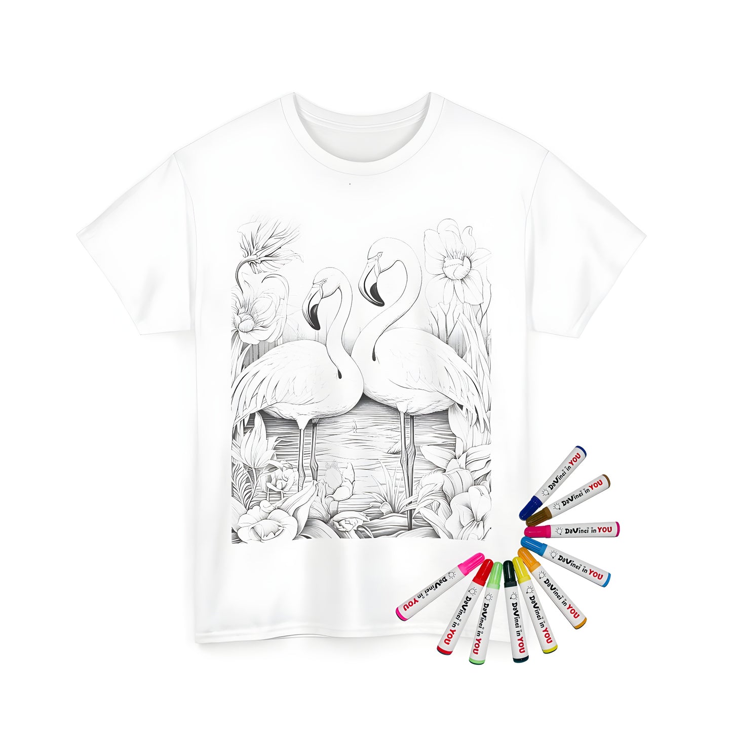 Unisex t-shirt featuring colorful flamingo illustration, detailed flowers and natural scenery