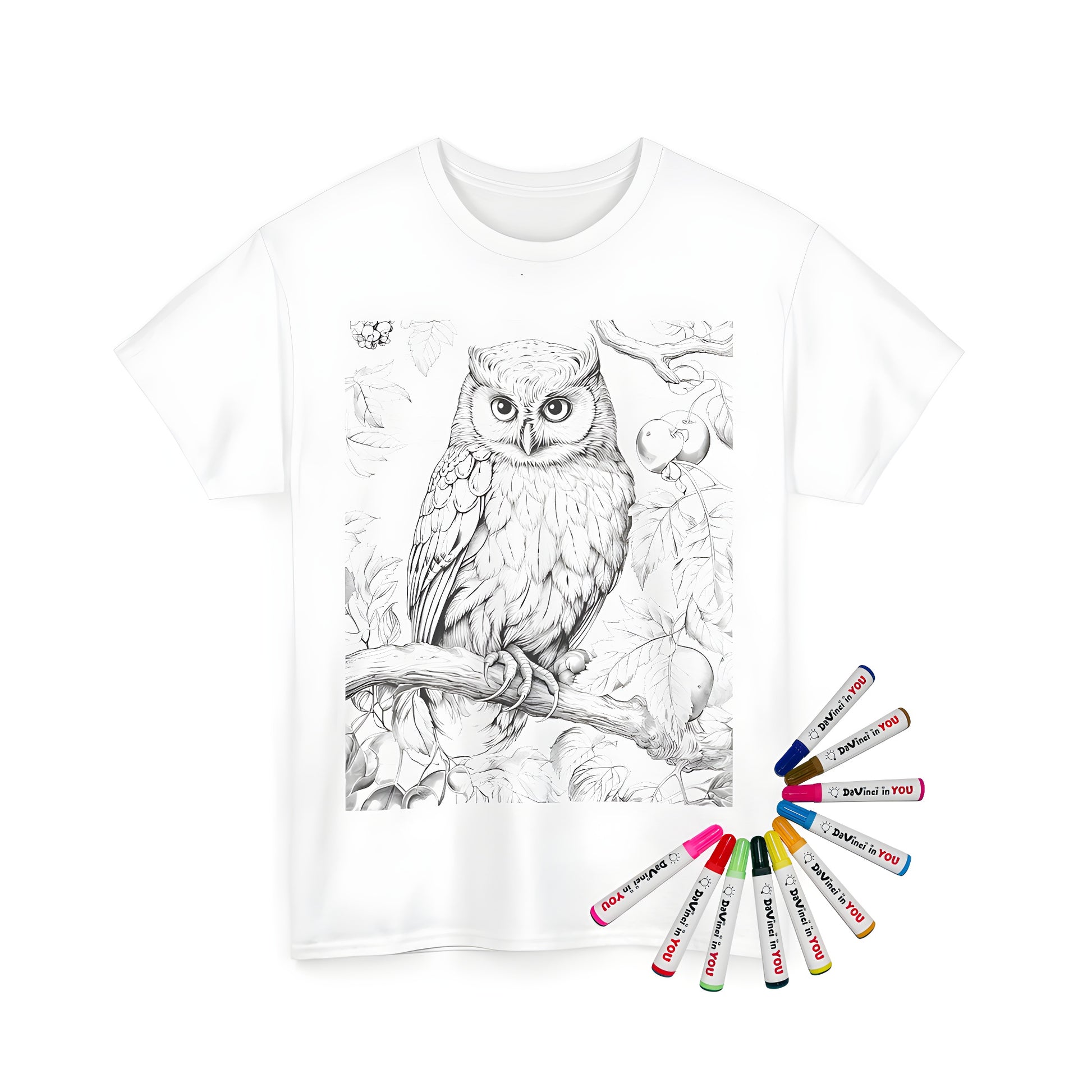 Coloring kit for kids with unisex t-shirt featuring owl illustration, birds of prey, wild bird design