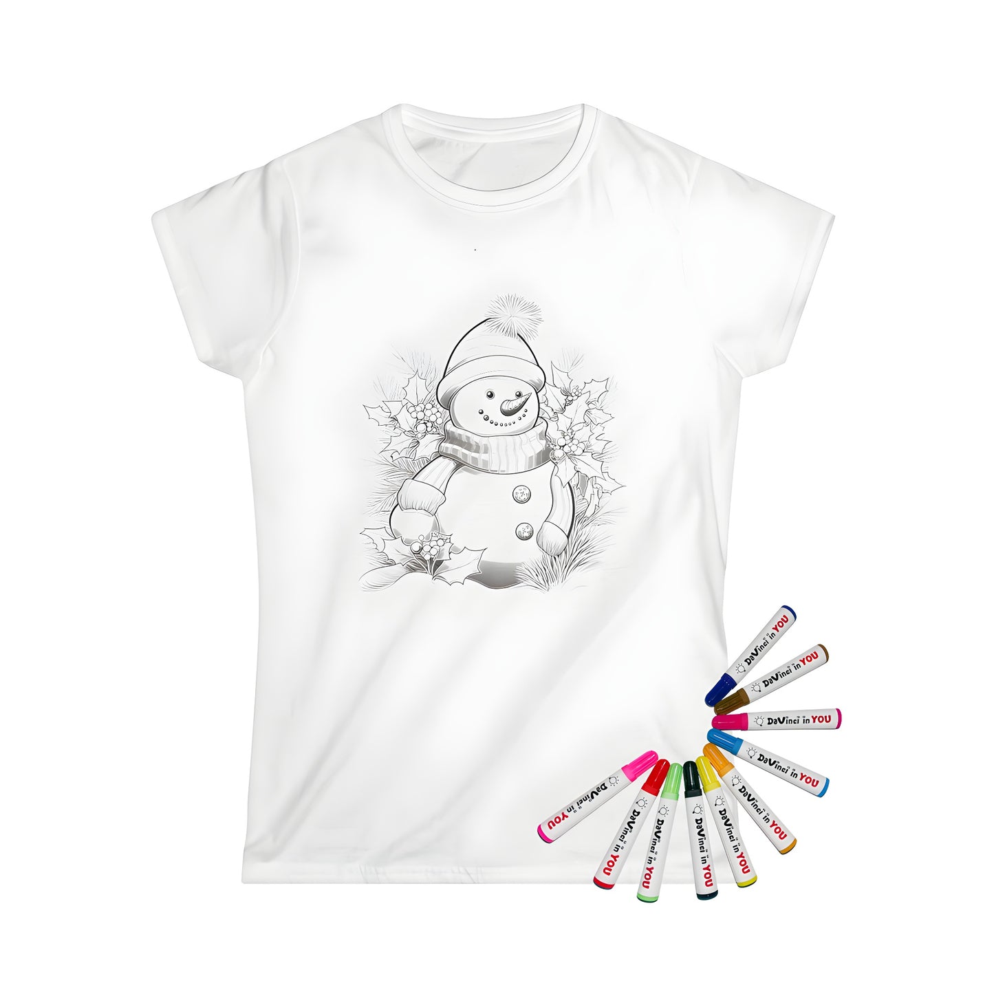 Women's t-shirt featuring a colorful winter scene with a cartoon snow figure, hat, scarf, and holly details. Black and white illustration of a happy snowman character