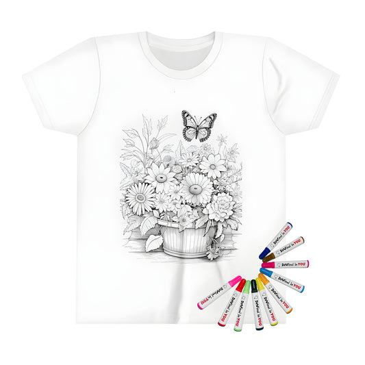 Coloring page-inspired Bouquet of Flowers and Butterfly kid's t-shirt illustration