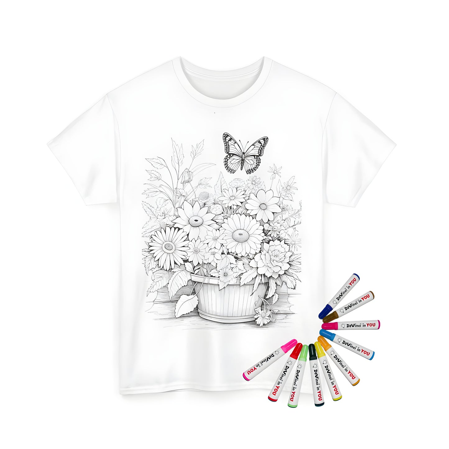 Coloring page art of flower bouquet with hovering butterfly on unisex t-shirt