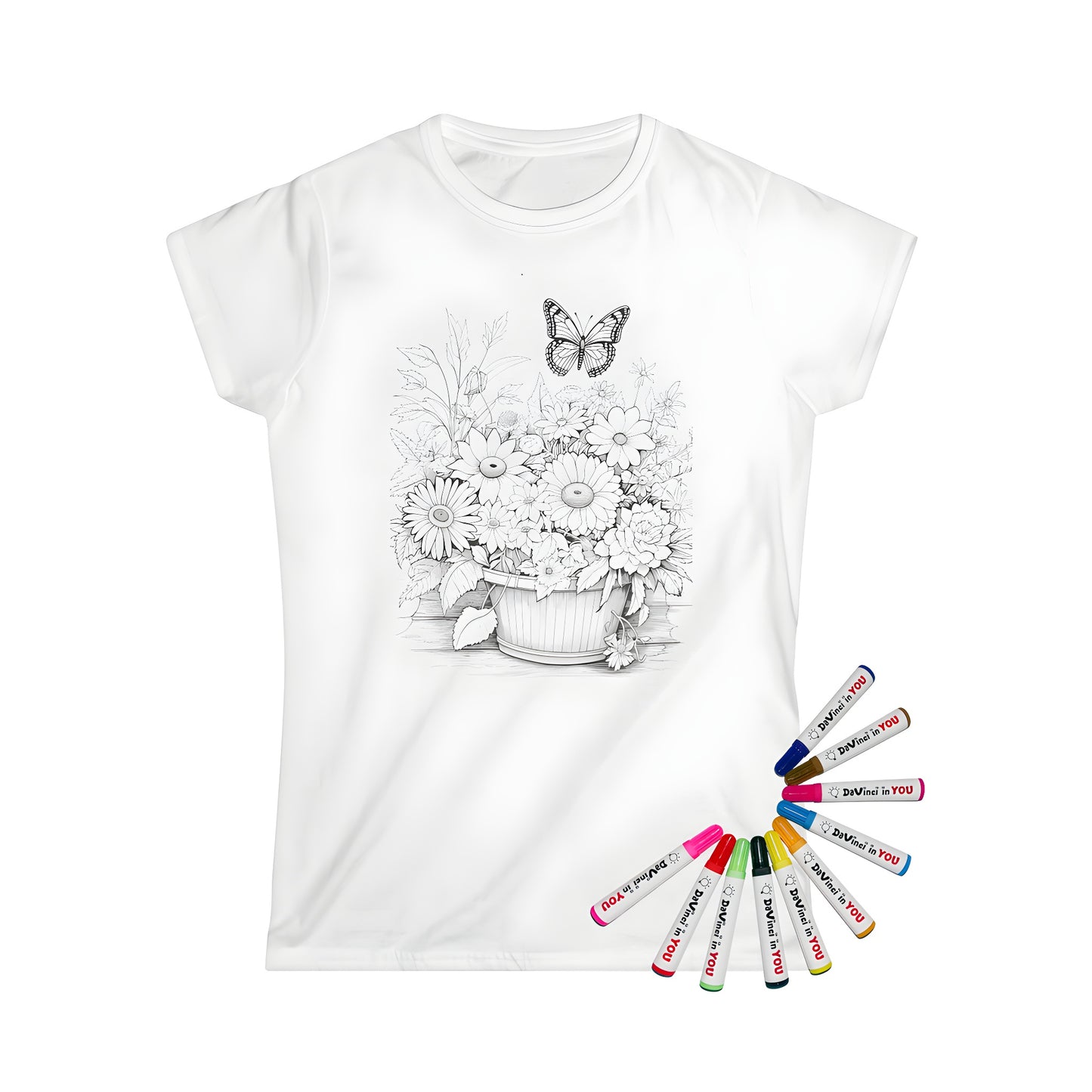 A women's t-shirt featuring a beautiful flower bouquet and butterfly illustration