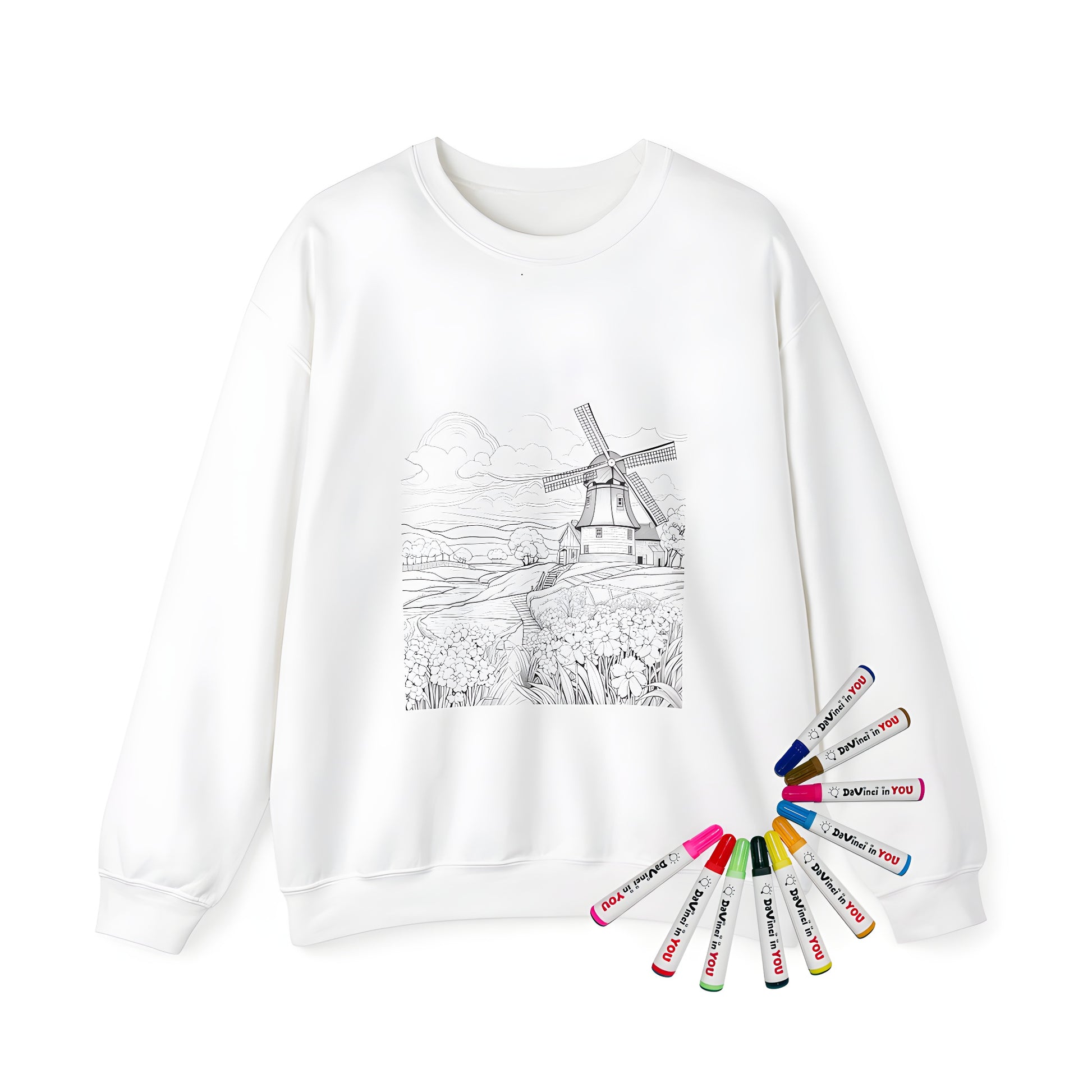 Adult sweatshirt featuring colorful countryside scene with windmill, flowers, trees, barn, and stream design