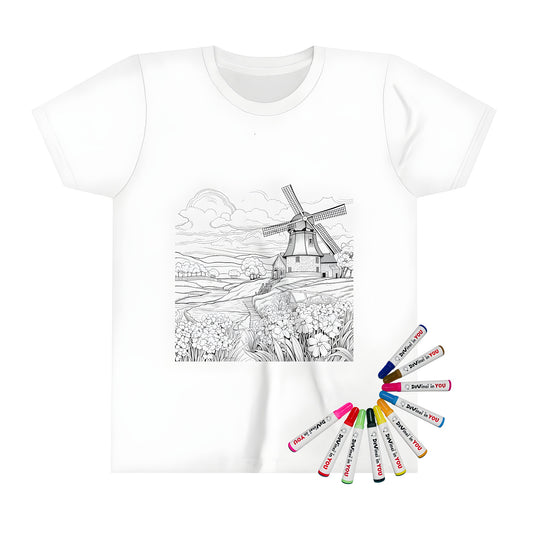 Kid's t-shirt featuring a countryside scene with a windmill, colorful flowers, green trees, and a stream