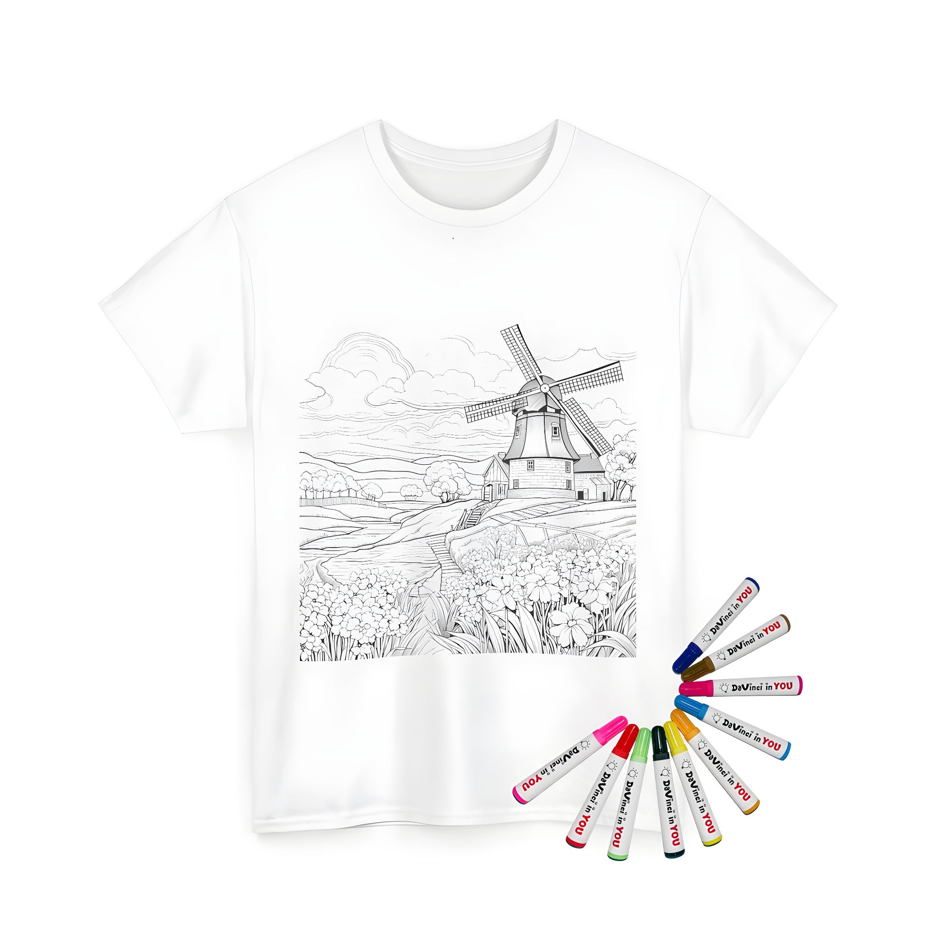 Unisex t-shirt with a countryside scene featuring a windmill, flowers, trees, and a barn