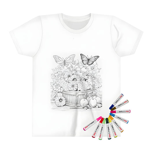 Coloring kit t-shirt with a beautiful floral arrangement featuring flowers, grapes, apples and butterflies