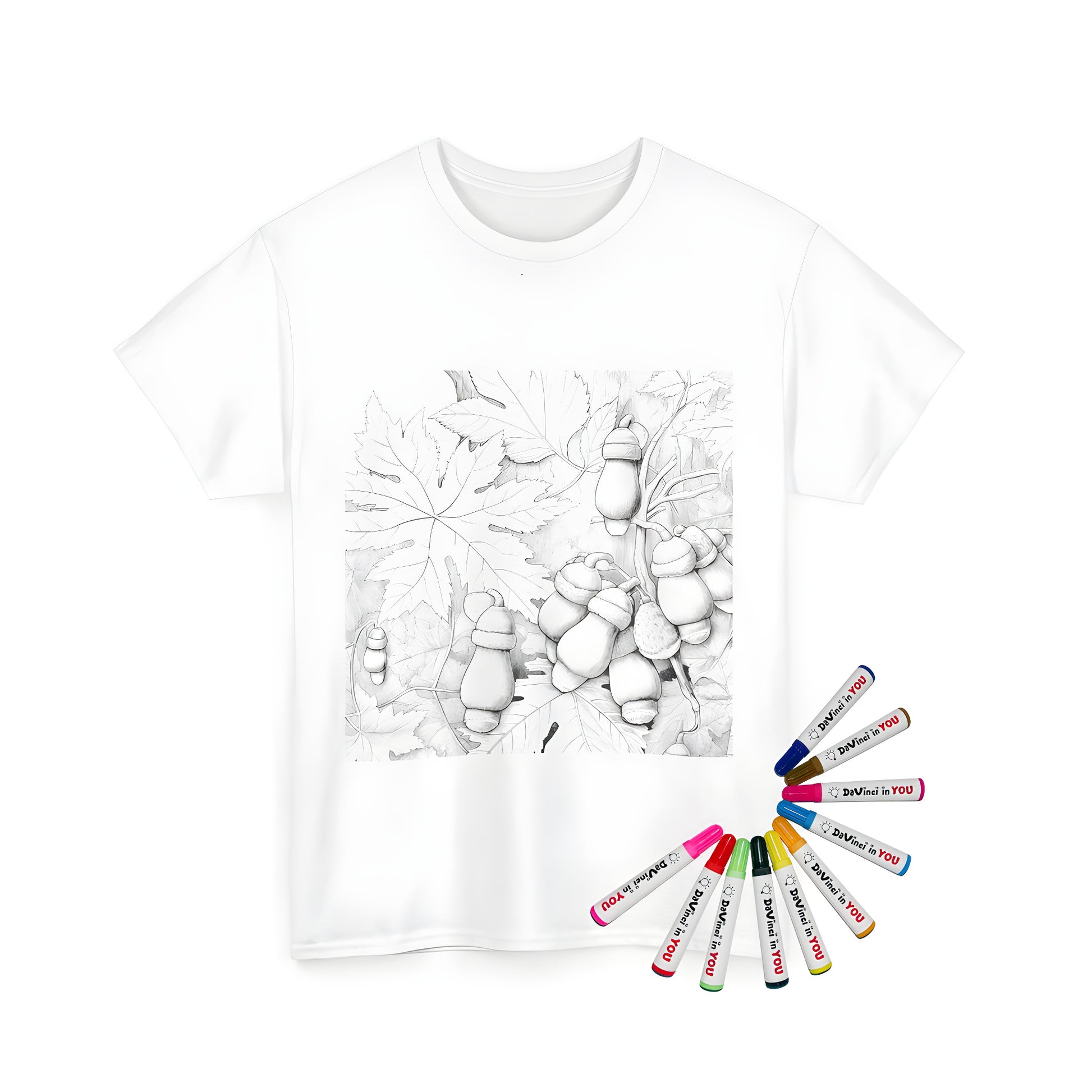 Unisex T-shirt featuring vibrant acorn and leaf pattern on branches for men and women