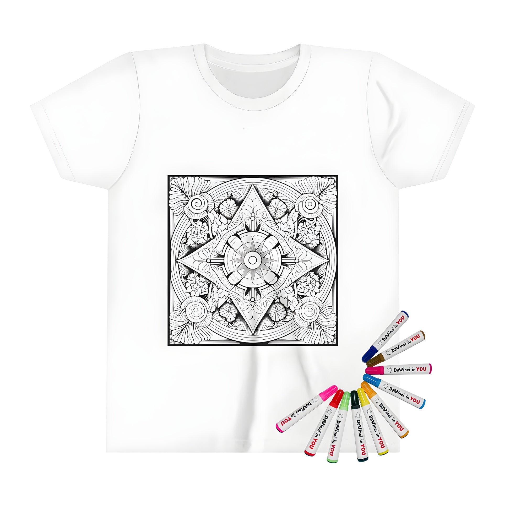 Kid's t-shirt featuring an intricate black and white geometric pattern with floral mandala designs, perfect for artistic kids