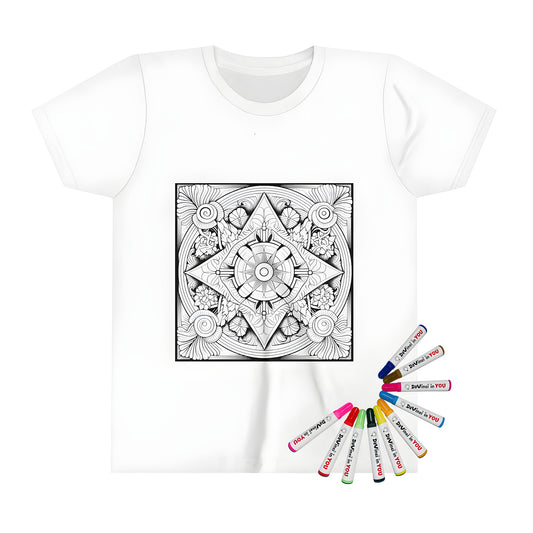 Kid's t-shirt featuring an intricate black and white geometric pattern with floral mandala designs, perfect for artistic kids