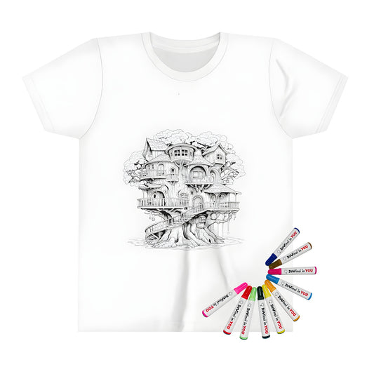 Kid's Fantasy Treehouse themed t-shirt with colorful illustration of treehouse