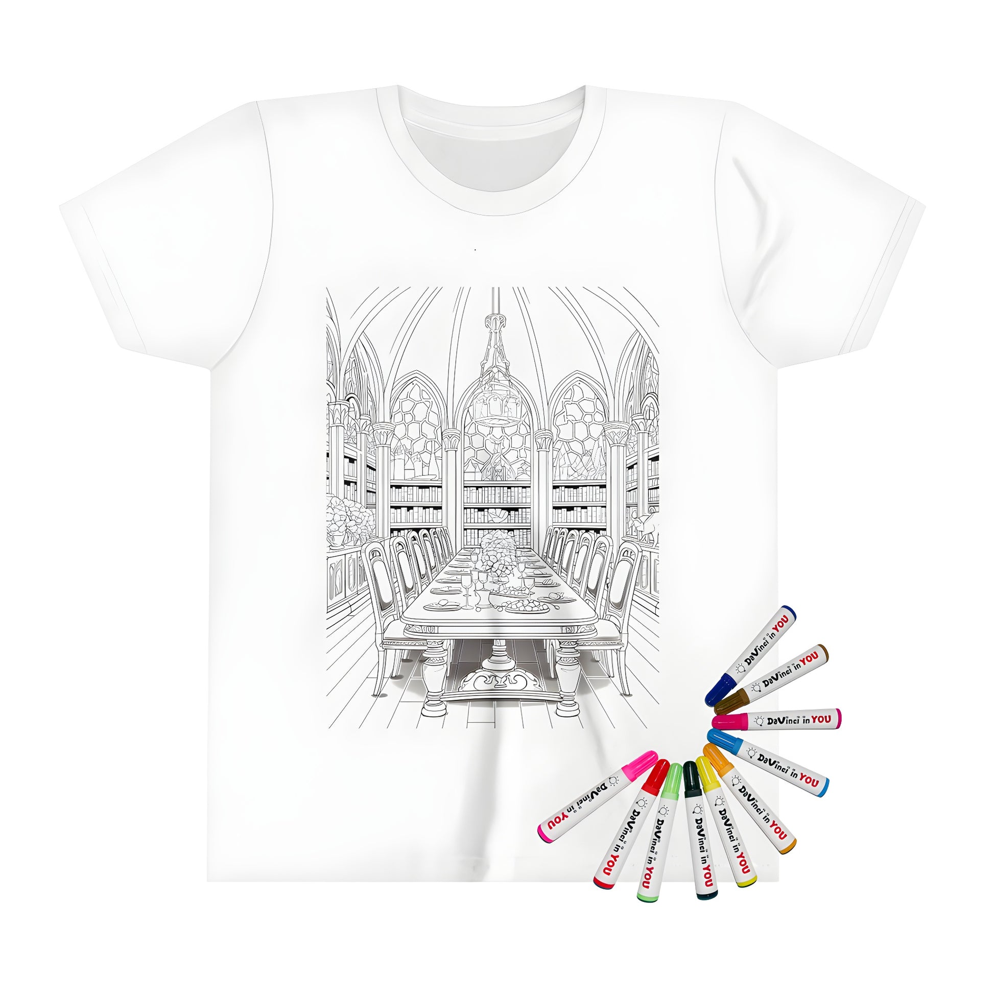 Kid's t-shirt featuring an intricately designed dining hall scene with a large table, chairs, chandeliers, bookshelves, and decorative elements.