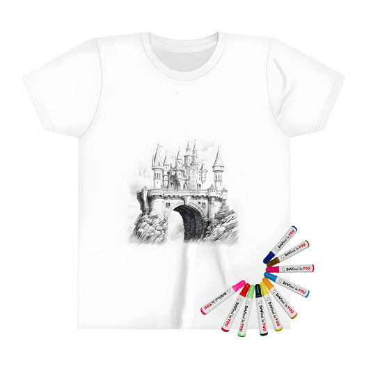 Colorful kids' t-shirt featuring a detailed illustration of a majestic fantasy palace with towers and battlements, set against a dramatic backdrop of rugged cliffs and a bridge.