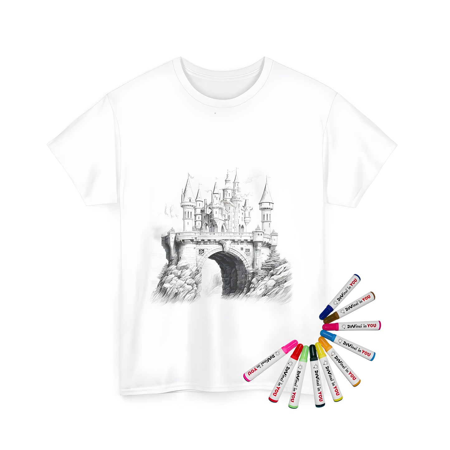 Unisex T-shirt featuring an intricate fantasy castle design on a black and white sketch background